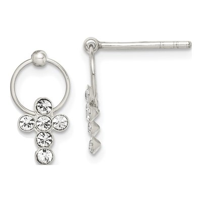 Sterling Silver CZ Girls' Cross Circle Dangle Earrings