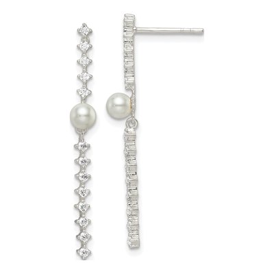 Sterling Silver Simulated Pearl & CZ Glass Dangle Earrings