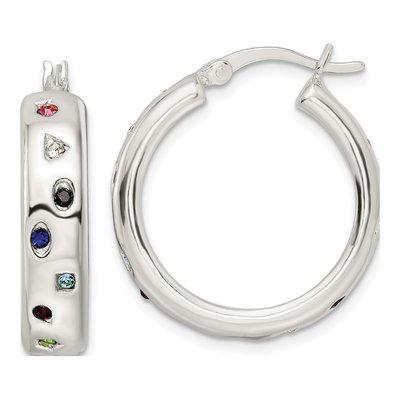 Sterling Silver 25mm CZ Multi-Color Hoop Earrings