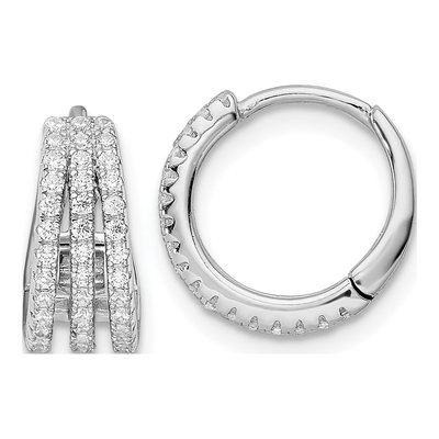 Sterling Silver 12mm CZ Triple Row Huggie Hoop Earrings
