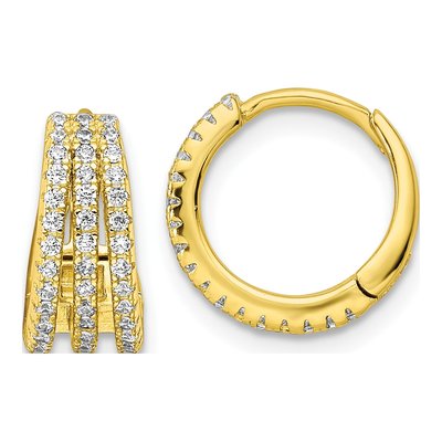 Gold-Plated Sterling Silver 12mm CZ Triple Row Huggie Hoop Earrings