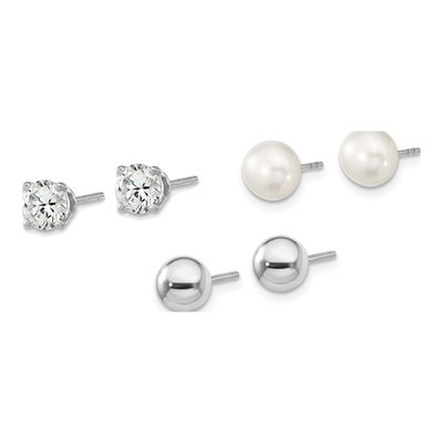 Sterling Silver Freshwater Pearl & CZ Stud Earrings Set – view 2