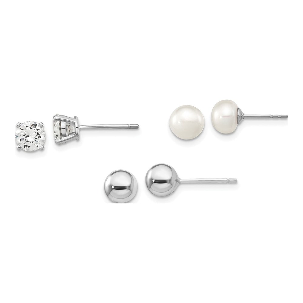 Sterling Silver Freshwater Pearl & CZ Stud Earrings Set