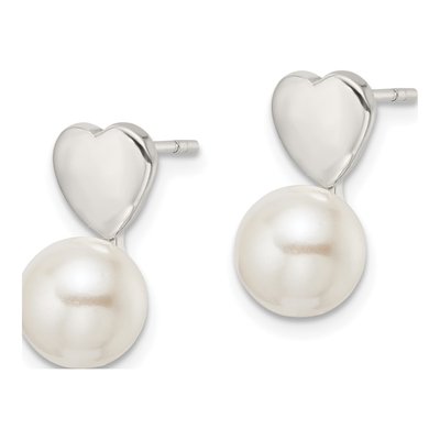 Sterling Silver Simulated Pearl Shell Heart Dangle Earrings – view 3