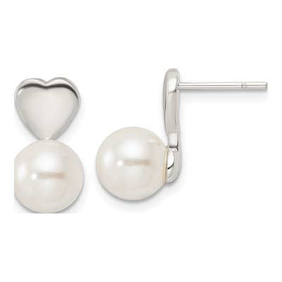 Sterling Silver Simulated Pearl Shell Heart Dangle Earrings