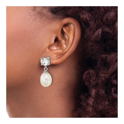Sterling Silver Freshwater Cultured Pearl & White Topaz Teardrop Dangle Earrings – view 3