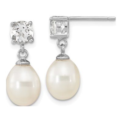 Sterling Silver Freshwater Cultured Pearl & White Topaz Teardrop Dangle Earrings