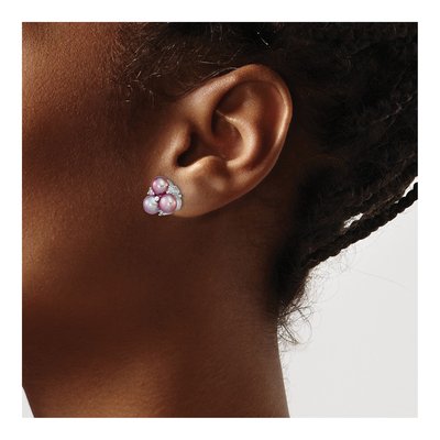 Sterling Silver Purple Freshwater Cultured Pearl & CZ Button Stud Earrings – view 3