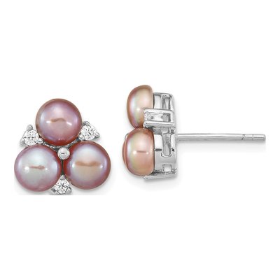 Sterling Silver Purple Freshwater Cultured Pearl & CZ Button Stud Earrings