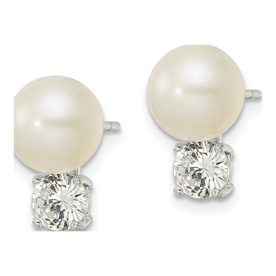 Sterling Silver Round Simulated Pearl & CZ Stud Earrings – view 3
