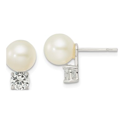 Sterling Silver Round Simulated Pearl & CZ Stud Earrings