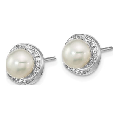 Sterling Silver Freshwater Cultured Pearl & CZ Button Stud Earrings – view 2