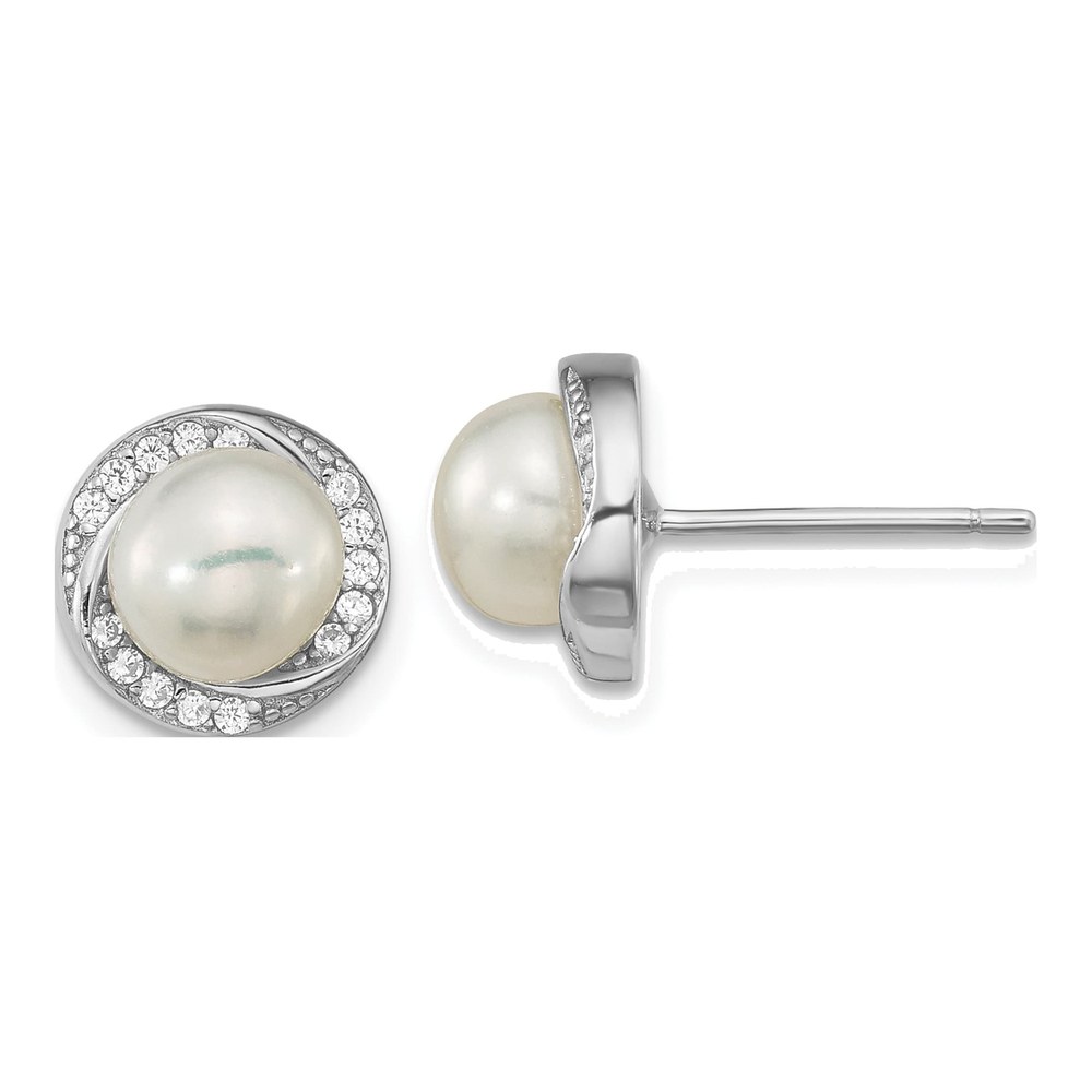 Sterling Silver Freshwater Cultured Pearl & CZ Button Stud Earrings