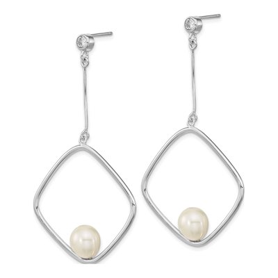 Sterling Silver Freshwater Cultured Pearl & CZ Dangle Earrings – view 2