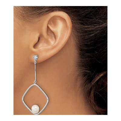 Sterling Silver Freshwater Cultured Pearl & CZ Dangle Earrings – view 3
