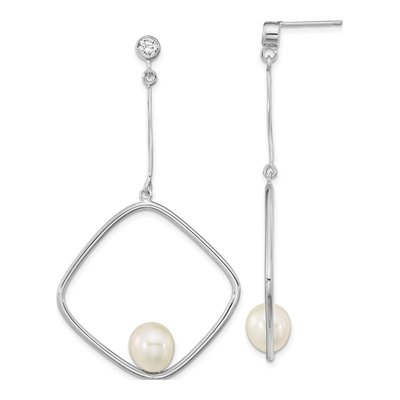 Sterling Silver Freshwater Cultured Pearl & CZ Dangle Earrings
