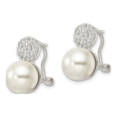 Sterling Silver Simulated Pearl & CZ Shell Omega Back Dangle Earrings – view 3