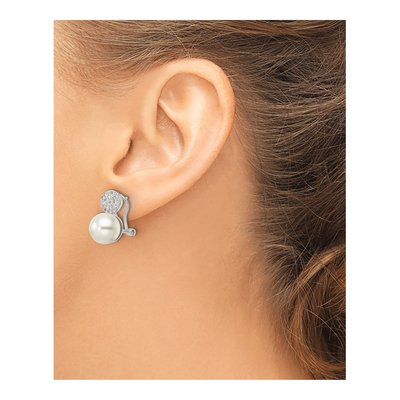 Sterling Silver Simulated Pearl & CZ Shell Omega Back Dangle Earrings – view 4
