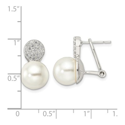 Sterling Silver Simulated Pearl & CZ Shell Omega Back Dangle Earrings – view 5