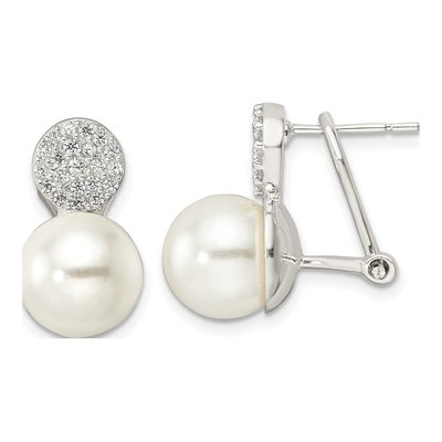 Sterling Silver Simulated Pearl & CZ Shell Omega Back Dangle Earrings