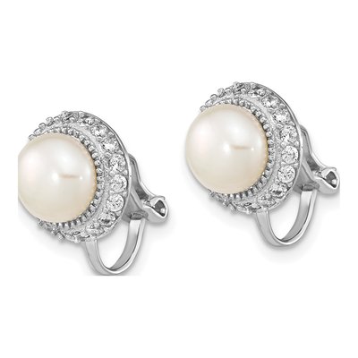 Sterling Silver Freshwater Cultured Pearl & CZ Non-Pierced Button Stud Earrings – view 2