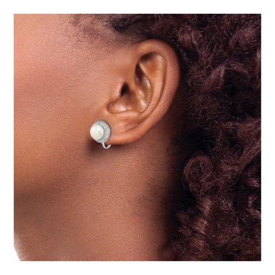 Sterling Silver Freshwater Cultured Pearl & CZ Non-Pierced Button Stud Earrings – view 3