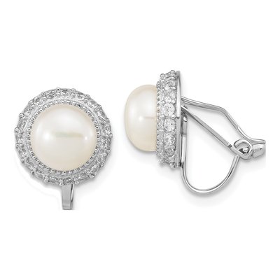Sterling Silver Freshwater Cultured Pearl & CZ Non-Pierced Button Stud Earrings