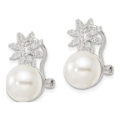 Sterling Silver Button Simulated Pearl & CZ Shell Floral Omega Back Stud Earrings – view 3