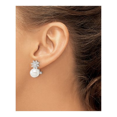 Sterling Silver Button Simulated Pearl & CZ Shell Floral Omega Back Stud Earrings – view 4