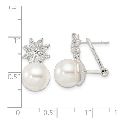 Sterling Silver Button Simulated Pearl & CZ Shell Floral Omega Back Stud Earrings – view 5