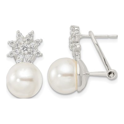 Sterling Silver Button Simulated Pearl & CZ Shell Floral Omega Back Stud Earrings