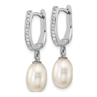 Sterling Silver Pearl & CZ Hoop Dangle Earrings – view 2