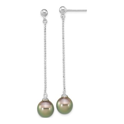 Sterling Silver Black Tahitian Cultured Pearl Teardrop Dangle Earrings