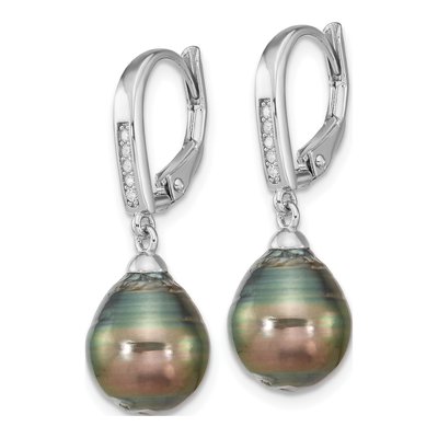 Sterling Silver Black Tahitian Cultured Pearl & CZ Leverback Earrings – view 2