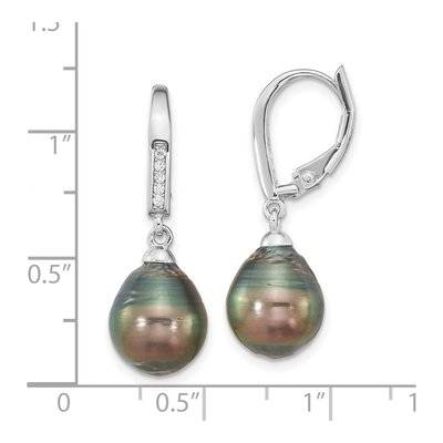 Sterling Silver Black Tahitian Cultured Pearl & CZ Leverback Earrings – view 4
