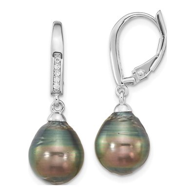 Sterling Silver Black Tahitian Cultured Pearl & CZ Leverback Earrings