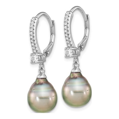 Sterling Silver Black Tahitian Cultured Pearl & CZ Leverback Earrings – view 2