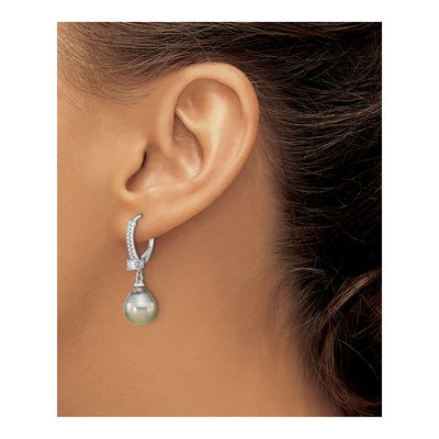 Sterling Silver Black Tahitian Cultured Pearl & CZ Leverback Earrings – view 3