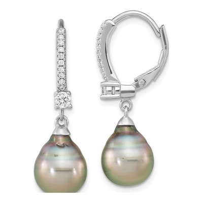 Sterling Silver Black Tahitian Cultured Pearl & CZ Leverback Earrings