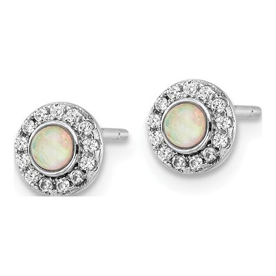 Sterling Silver 3mm Round Lab-Created Opal & CZ Halo Stud Earrings – view 3