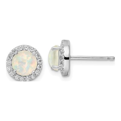 Sterling Silver 6mm Round Lab-Created Opal & CZ Halo Stud Earrings