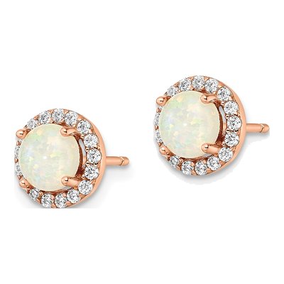 Rose Gold-Plated Sterling Silver 6mm Round Lab-Created Opal & CZ Halo Stud Earrings – view 3
