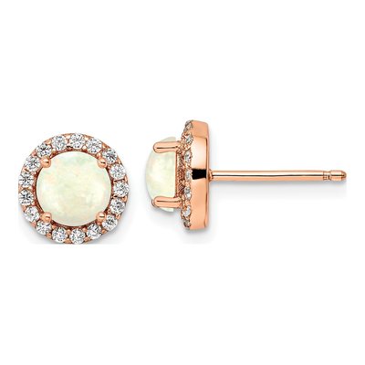 Rose Gold-Plated Sterling Silver 6mm Round Lab-Created Opal & CZ Halo Stud Earrings