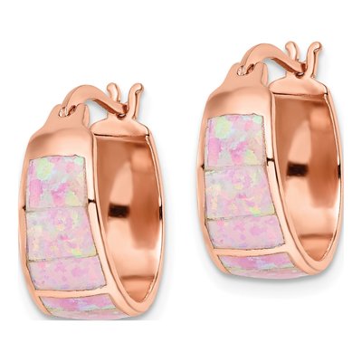 Rose Gold-Plated Sterling Silver 17mm Lab-Created Opal Inlay Hoop Earrings – view 3
