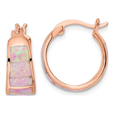 Rose Gold-Plated Sterling Silver 17mm Lab-Created Opal Inlay Hoop Earrings