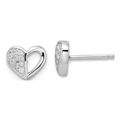 Sterling Silver Round CZ Heart Stud Earrings