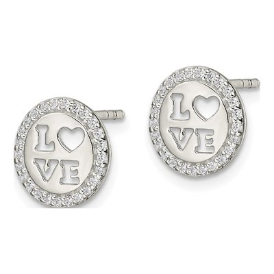 Sterling Silver Round CZ Love Stud Earrings – view 3