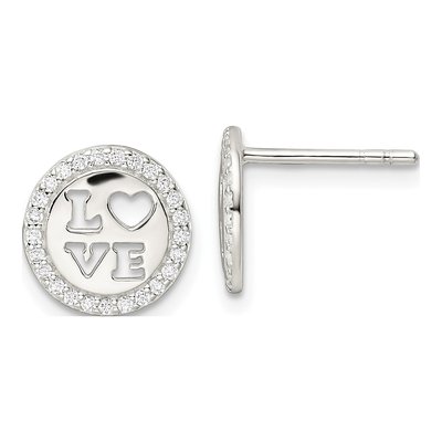 Sterling Silver Round CZ Love Stud Earrings
