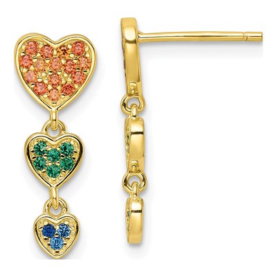Gold-Plated Sterling Silver CZ Multicolor Hearts Dangle Earrings
