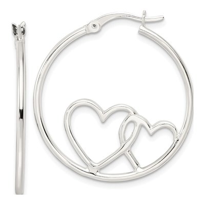 Sterling Silver 32mm Hearts Round Hoop Earrings